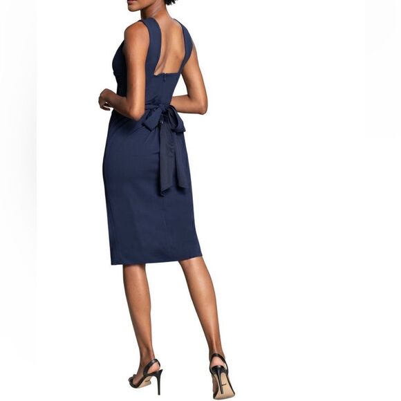 DRESS THE POPULATION Alessia Tie Waist Crepe‎ Dress, Navy, Size Medium, NWT - Picture 3 of 6